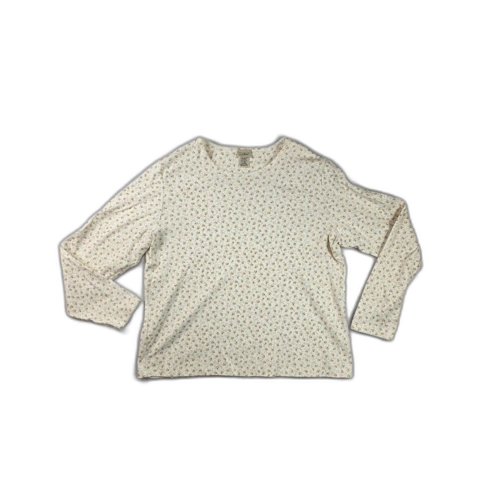 L.L. Bean Women Long Sleeve Crewneck Top Off White Ditsy Floral Vintage Size L
